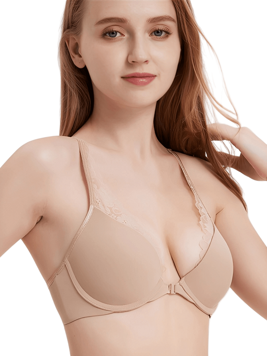 Lace Trim Front Closure Push-Up Bra | Plunge Neckline & Racerback Fit