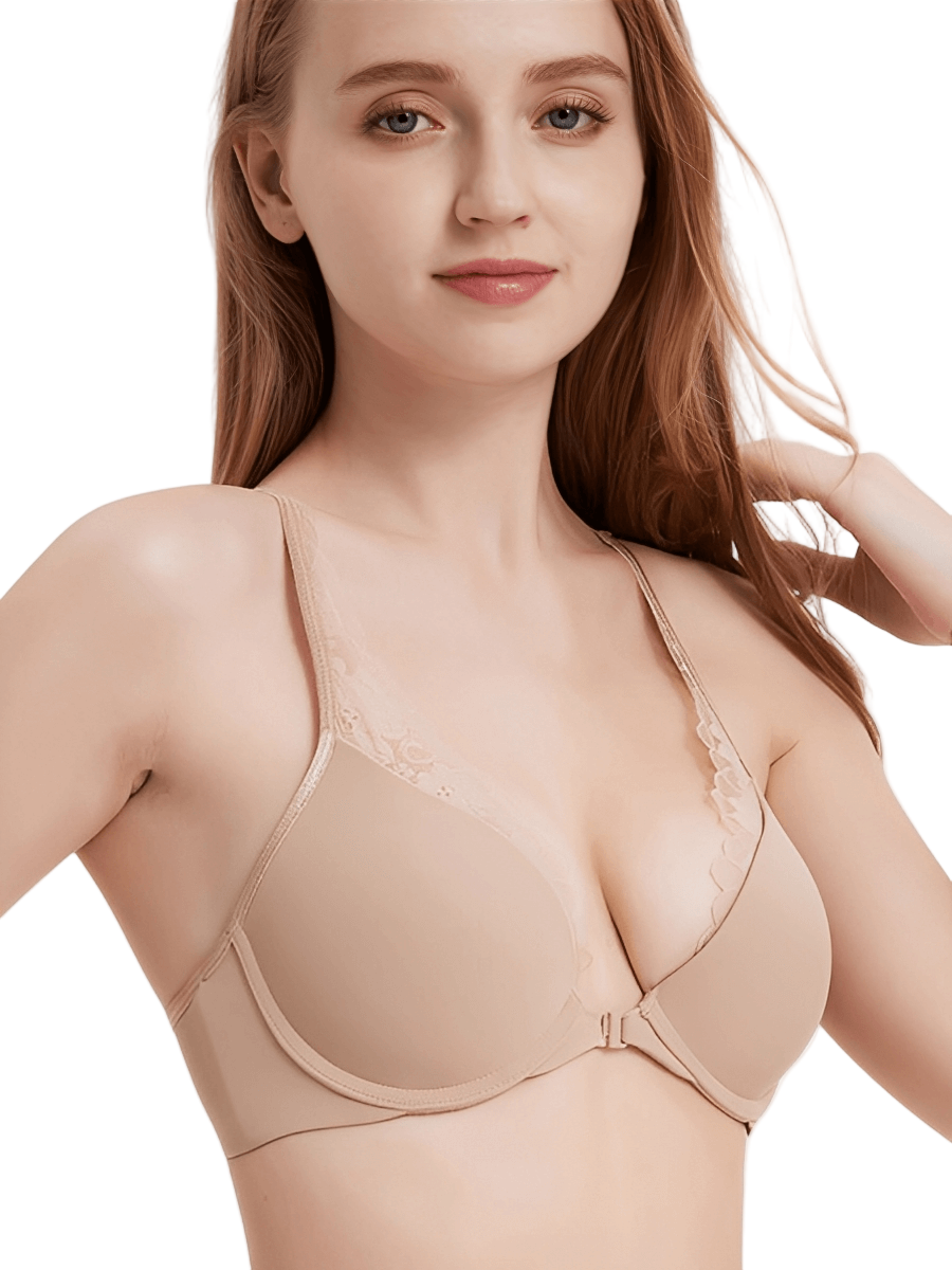 Lace Trim Front Closure Push-Up Bra | Plunge Neckline & Racerback Fit