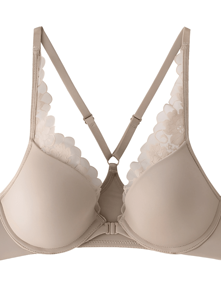 Lace Trim Front Closure Push-Up Bra | Plunge Neckline & Racerback Fit
